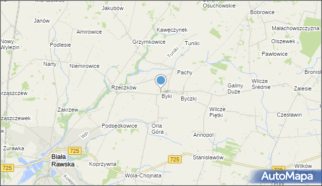 mapa Byki, Byki gmina Biała Rawska na mapie Targeo